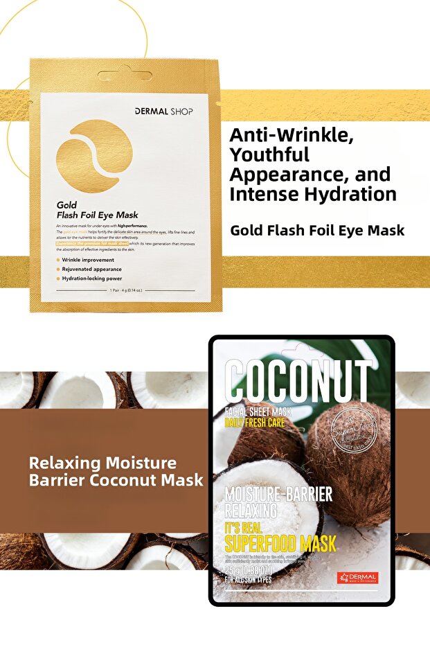 3 Layer Gold Eye Mask and Relaxing Barrier Strengthening 100% Cotton Coconut Mask Set