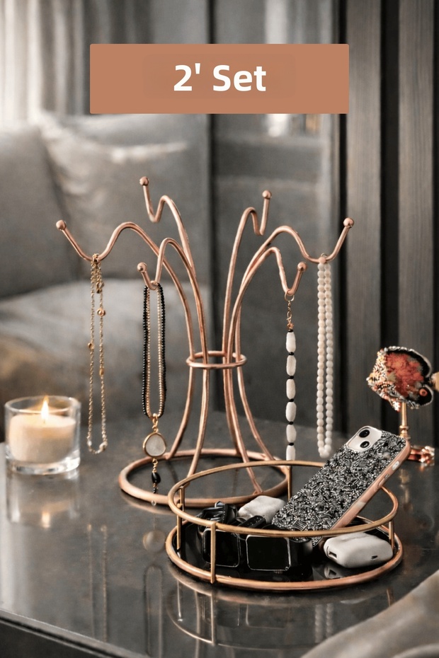 2-Pack Rose 6-Hook Cosmetic Organizer and Jewelry Stand Set, Desktop Perfume, Necklace, and Bracelet Organizer
