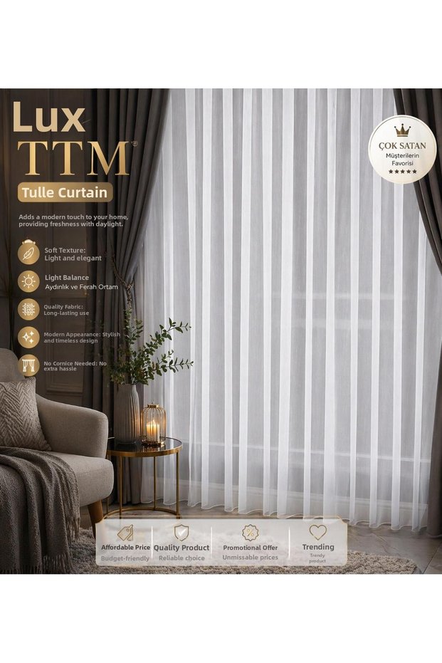 Luxury Ttm Bamboo Linen Look No-Iron 1/3 Dense Pleated Tulle Curtain, Suitable for Living Rooms and Guest Rooms