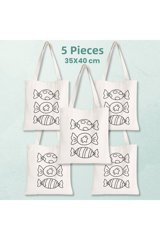 5 Pieces of Eid Candy Design Paintable Cloth Bags - Educational Hobby Painting Bag for Children