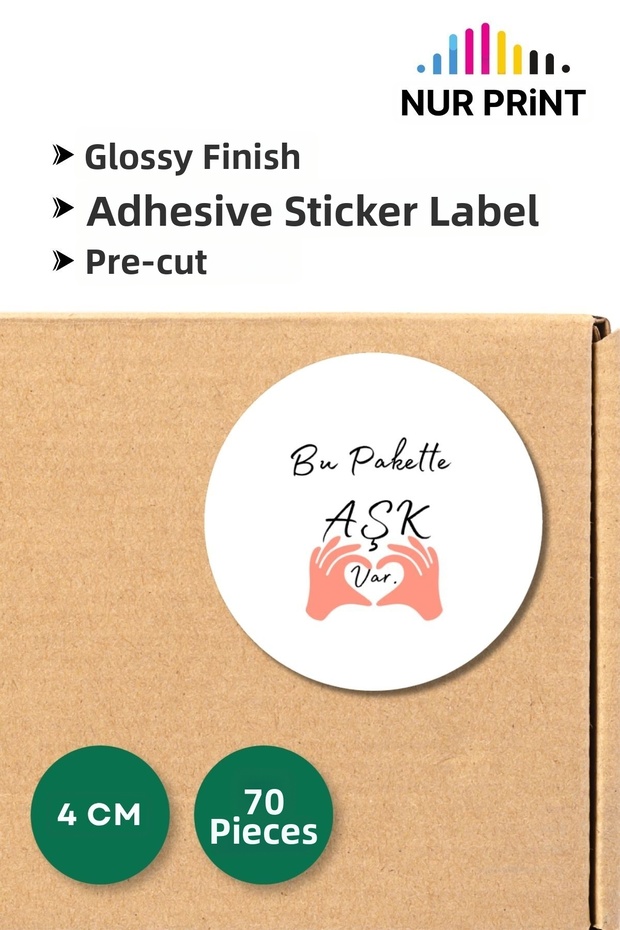 Adhesive Sticker, Round Label Diameter 4 Cm, Glossy Finish'Love Is in This Package', 70 Pieces