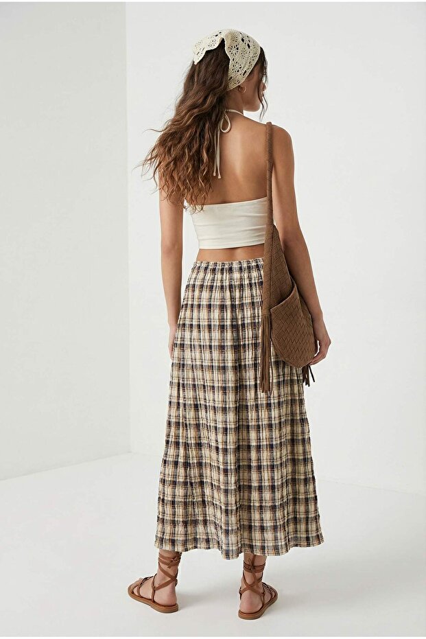 Çok Renkli Ekoseli Kemerli Kırışık Dokuma Uzun Maxi Etek TWOAW26ET00174 - 2