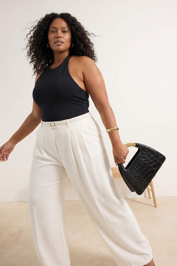 Beyaz Kemerli Pilili Wide Leg/Extra Geniş Paça Dokuma Palazzo Pantolon TBBSS26AR00003 - 1