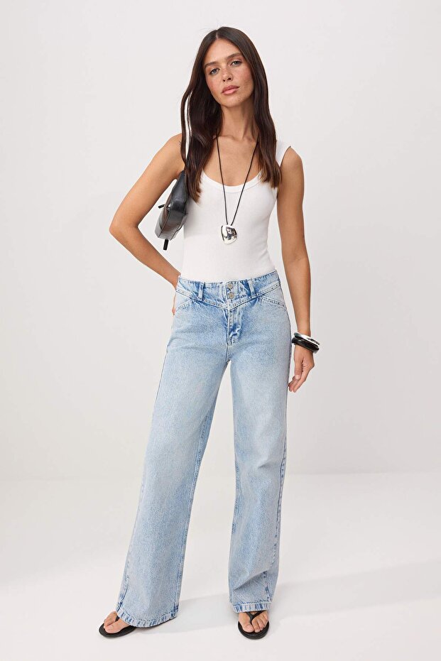 Açık Mavi rok Detaylı Normal Bel %100 Pamuk Wide Leg Jeans TWOSS26JE00051