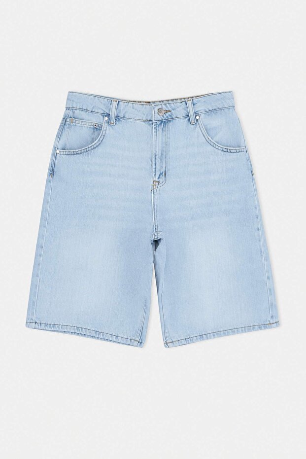 Açık Mavi %100 Pamuk Yüksek Bel Denim Bermuda TWOSS26SR00221 - 4