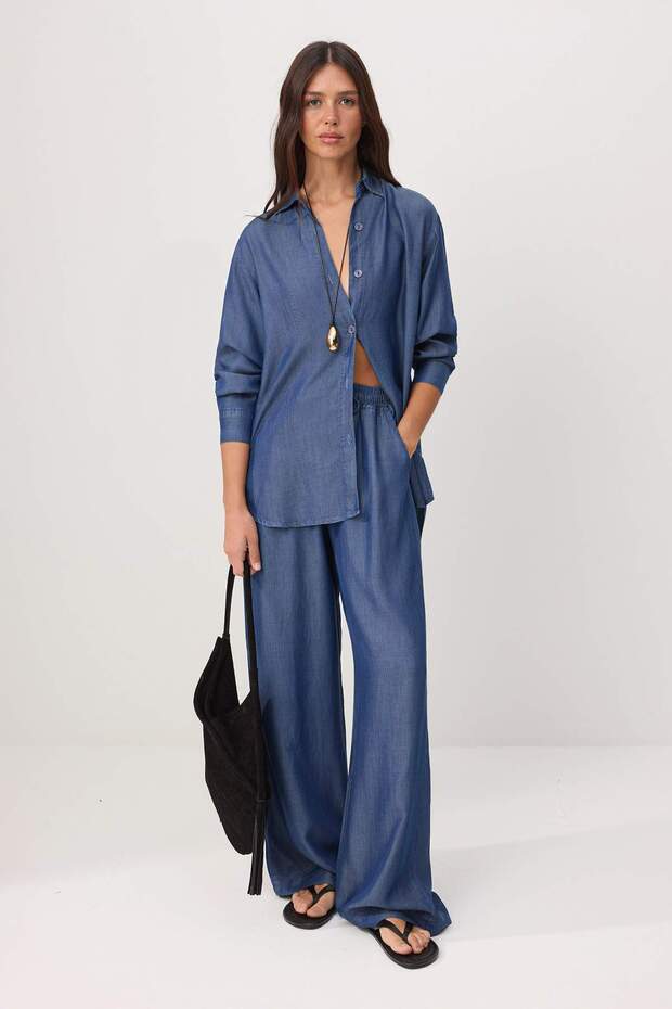 Trendyolmilla  Mavi DÖKÜMLÜ İnce Kumaş Denim Alt - Üst Takım TWOSS26AU00167 - Görsel 2