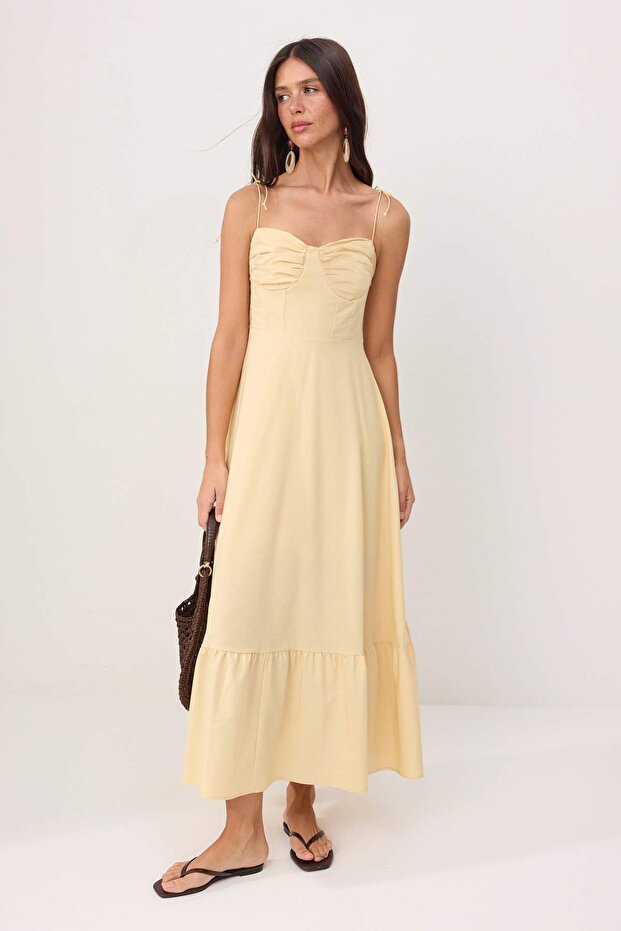 Açık Sarı Belden Açılan Drape Detaylı Askılı Dokuma Maxi Elbise TWOSS24EL01128 - 1
