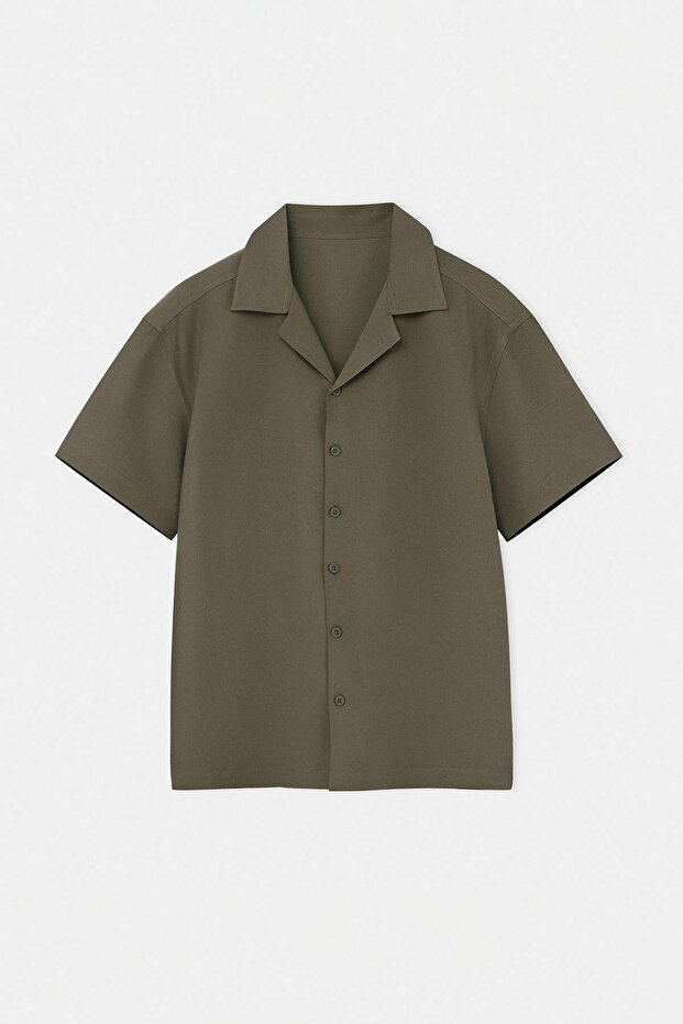 Haki Geniş Kalıp/Oversize Gabardin Apaş Yaka Erkek Dokuma Gömlek TMNSS26GO00034 - 4