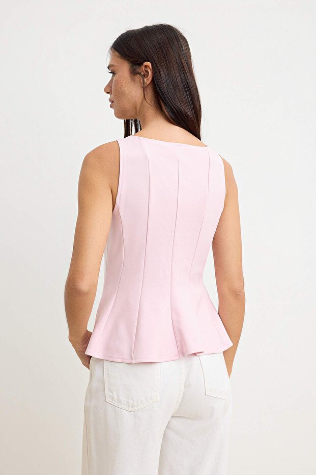 Pembe Peplum/Belden Oturmalı Kayık Yaka Esnek Örme Bluz TWOAW26BZ00229 - 4
