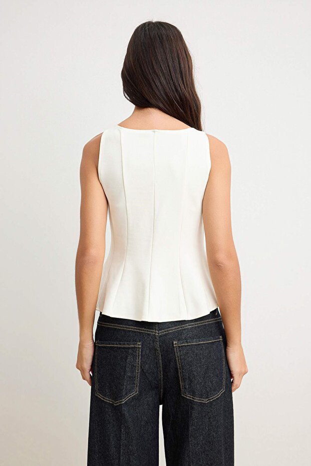 Ekru Peplum/Belden Oturmalı Kayık Yaka Esnek Örme Bluz TWOAW26BZ00229 - 4