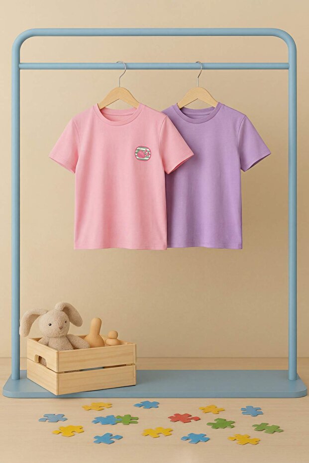 Lila-Pembe Baskılı Örme T-Shirt TKDSS26TS00027 - 6