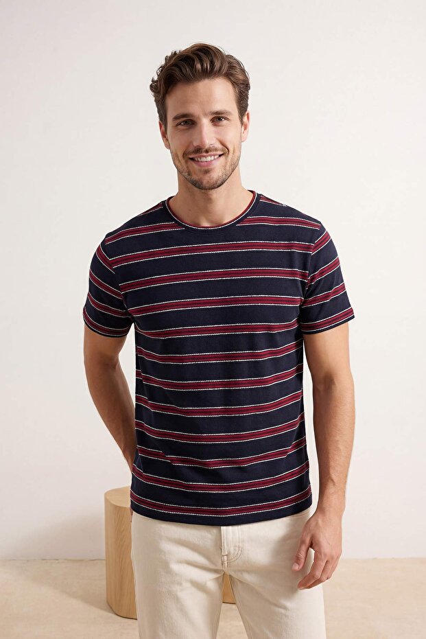 Navy Blue Regular Striped Knitted T-Shirt Tmnss26Ts00015