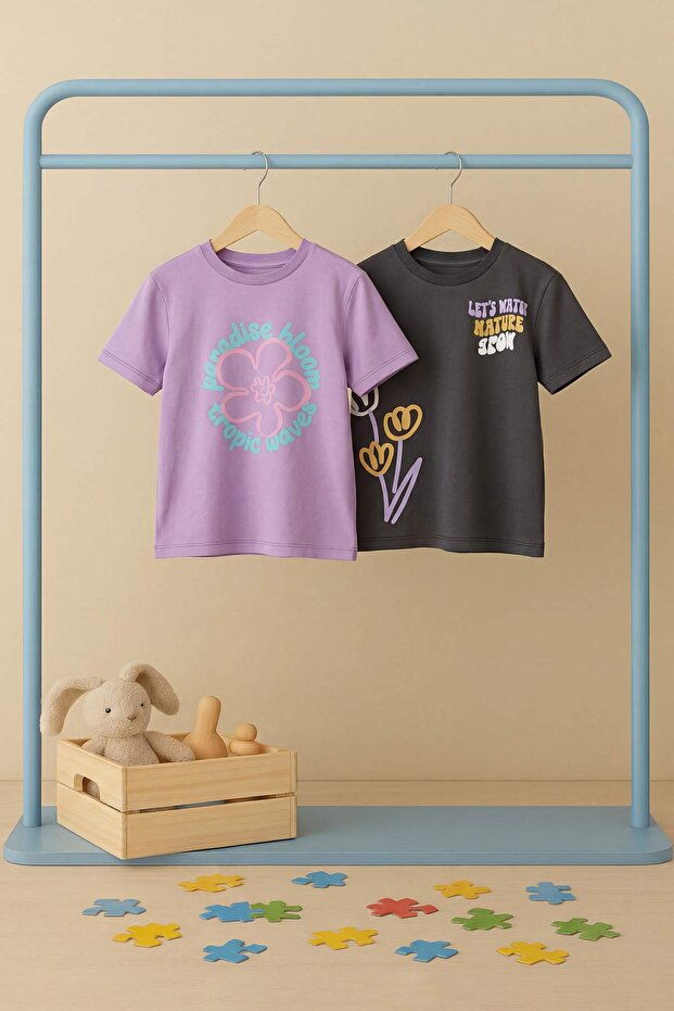 Lila-Antrasit 2'li Kız Çocuk Örme T-Shirt TKDSS26TS00030 - 4