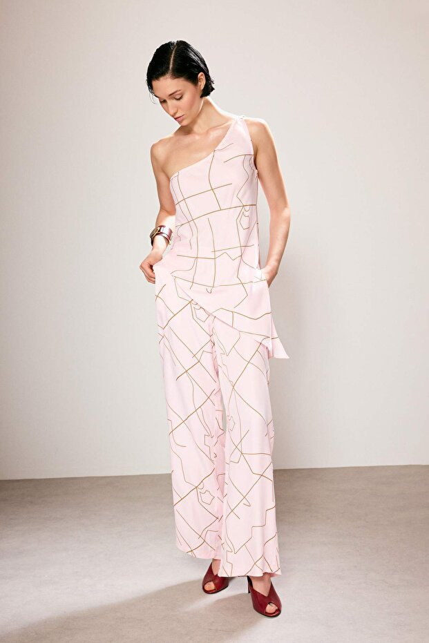 Trendyol Studio Pembe Desenli Arka Beli Lastikli Saten Pantolon TWOSS26PL0013 - 1