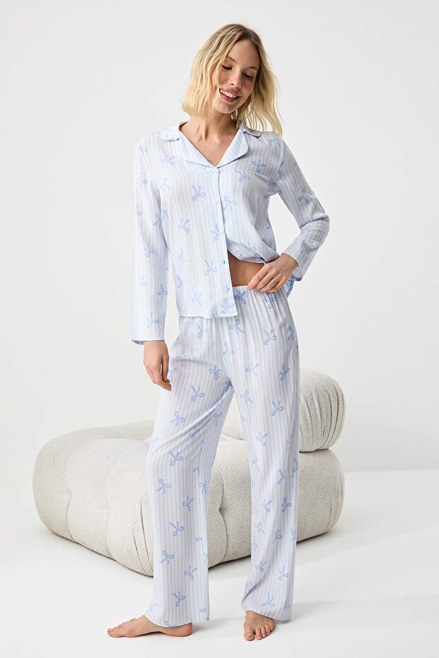 Trendyolmilla  Lila-Çok Renkli Kurdele/Fiyonklu Viskon Dokuma Pijama Takımı THMAW21PT0936 - Görsel 3