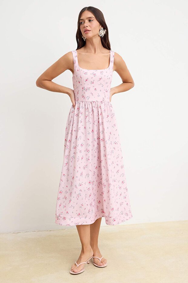 Pembe-Çok Renkli Midi Dokuma Elbise TWOSS26EL00658 - 2