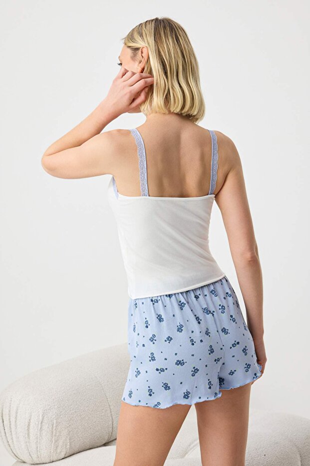 Beyaz-Mavi 3'lü Pamuklu Çiçekli Dantel Detaylı Alt Kaşkorse Örme Pijama Takımı THMSS26PT00015 - 5