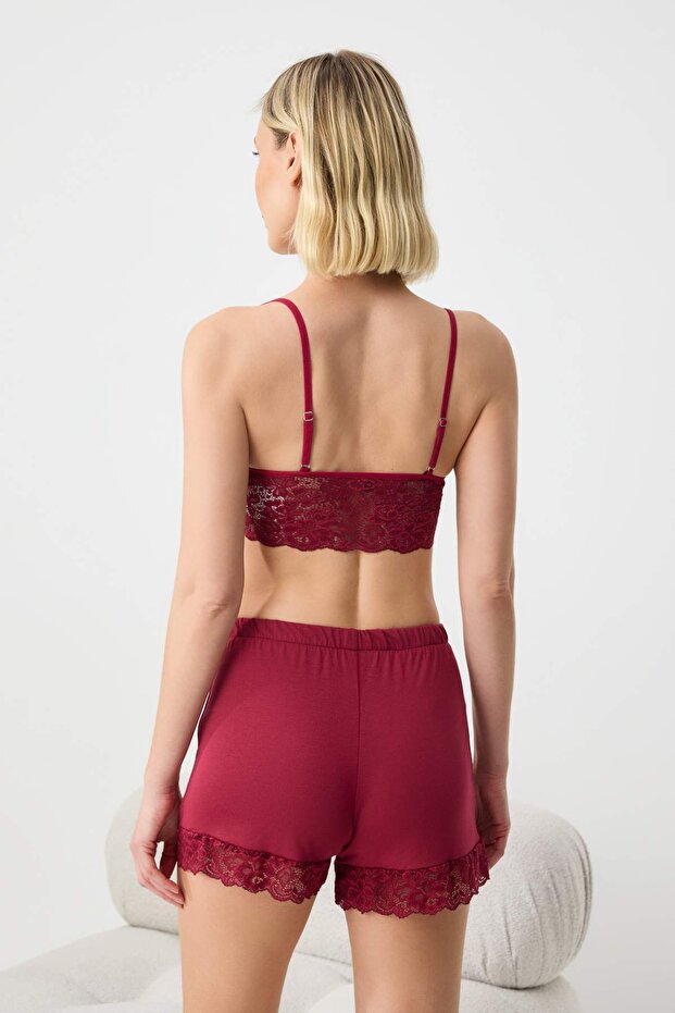 Bordo 4'lü Dantel Detaylı Sabahlık + Gecelik + Bralet + Şort Örme Pijama Takımı THMSS26PT00093 - 6