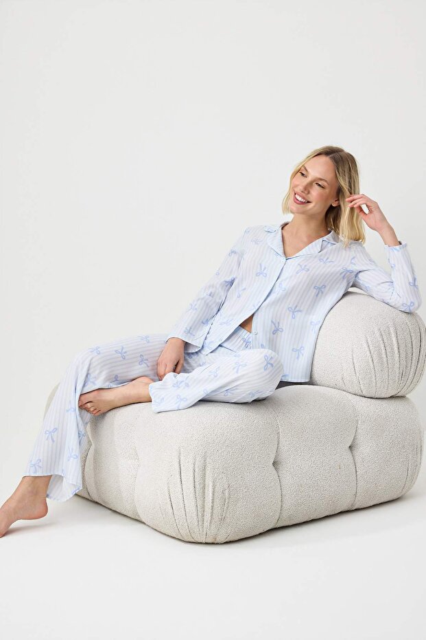 Trendyolmilla  Lila-Çok Renkli Kurdele/Fiyonklu Viskon Dokuma Pijama Takımı THMAW21PT0936 - Görsel 2