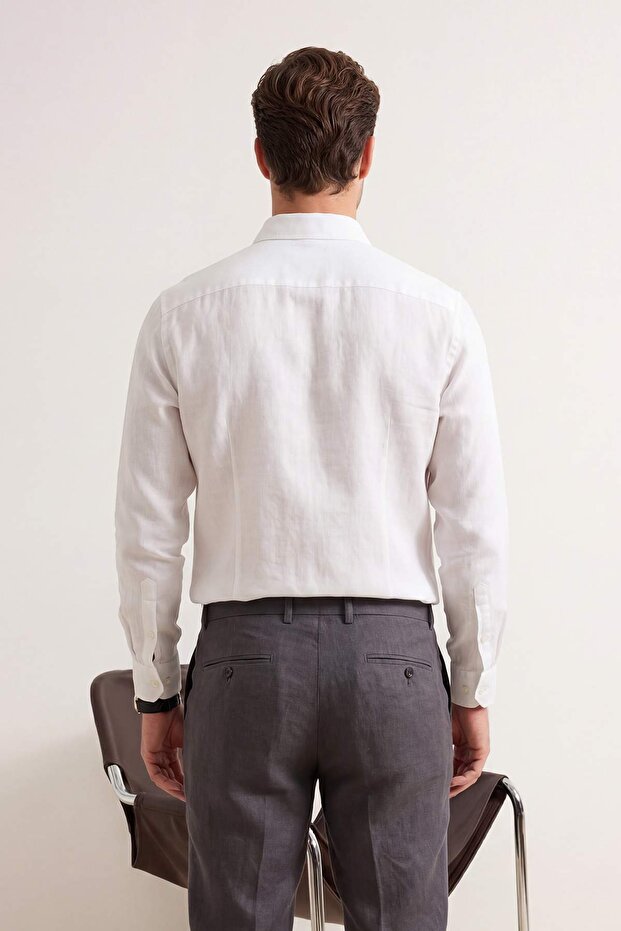 Beyaz Normal Kalıp/Regular Fit Dokulu Yazlık Erkek Dokuma Gömlek TMNSS26GO00028 - 3