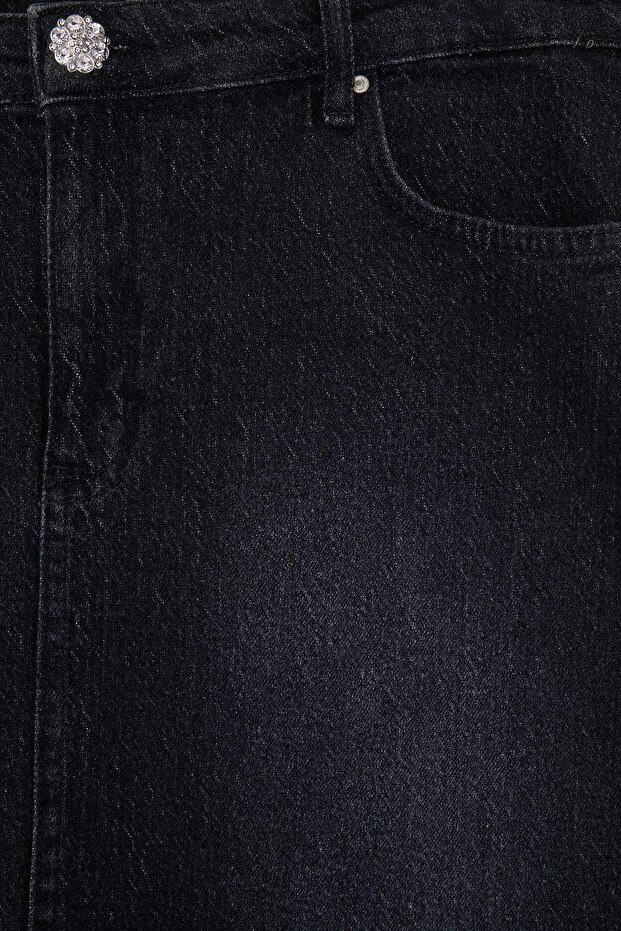 Antrasit Yüksek Bel Taşlı Düğme Comfort/Orta Esnek A Line Denim Büyük Beden Etek TBBSS26AZ00032 - 5