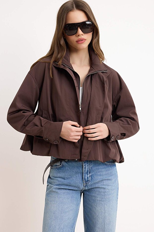 Kahverengi Dik Yaka Oversize Kalıp Mont TWOSS26MO00004 - 2