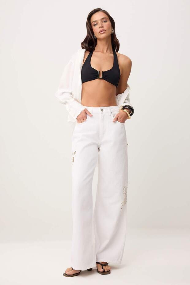 Beyaz Brode Detaylı Yüksek Bel %100 Pamuk Wide Leg Jeans TWOSS26JE00260 - 3