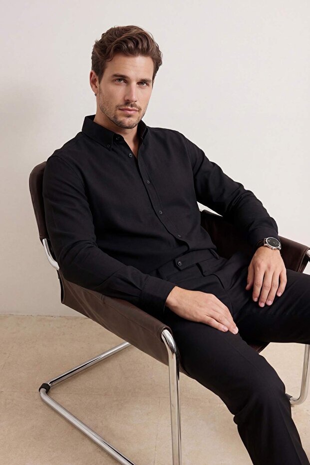 Siyah Normal Kalıp/Regular Fit %100 Pamuk Yazlık Erkek Dokuma Gömlek TMNSS26GO00023 - 2