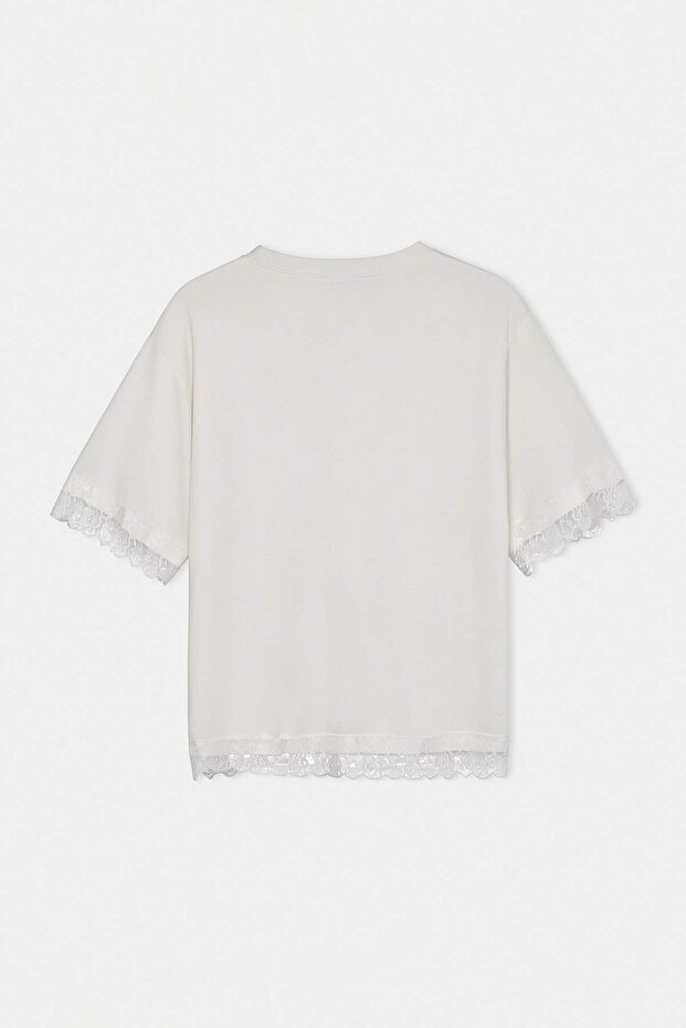Bisiklet Yaka Kısa Kol Etek Ucu Kolu Dantelli Tshirt - 6