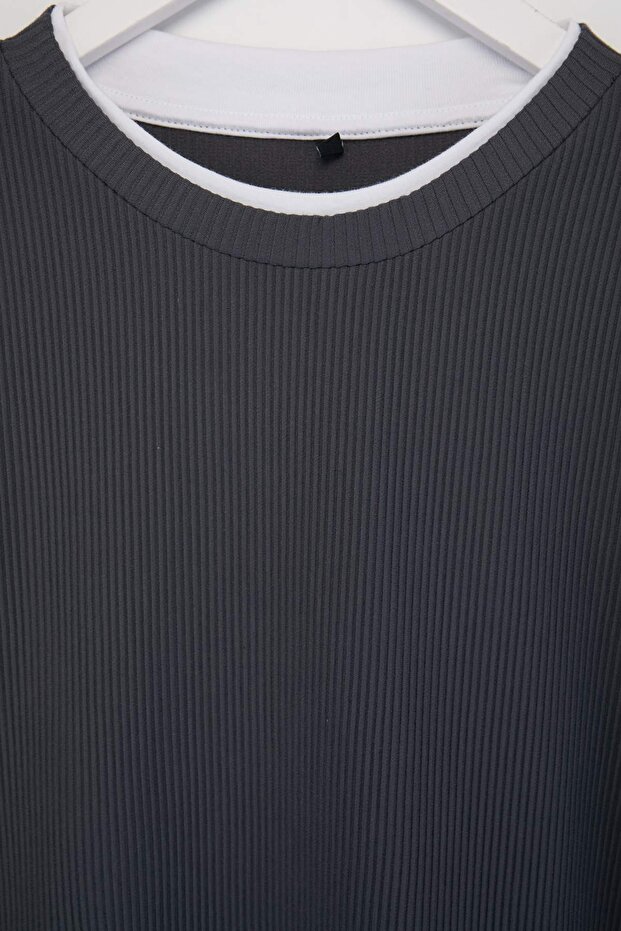 Gri Oversize/Geniş Kesim Ottoman Örme T-Shirt TMNSS26TS00038 - 5