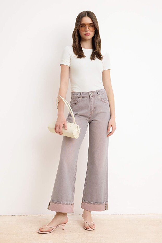 Pembe Paça Katlamalı Vintage Yıkama Yüksek Bel Wide Leg Jeans TWOSS26JE00309 - 2