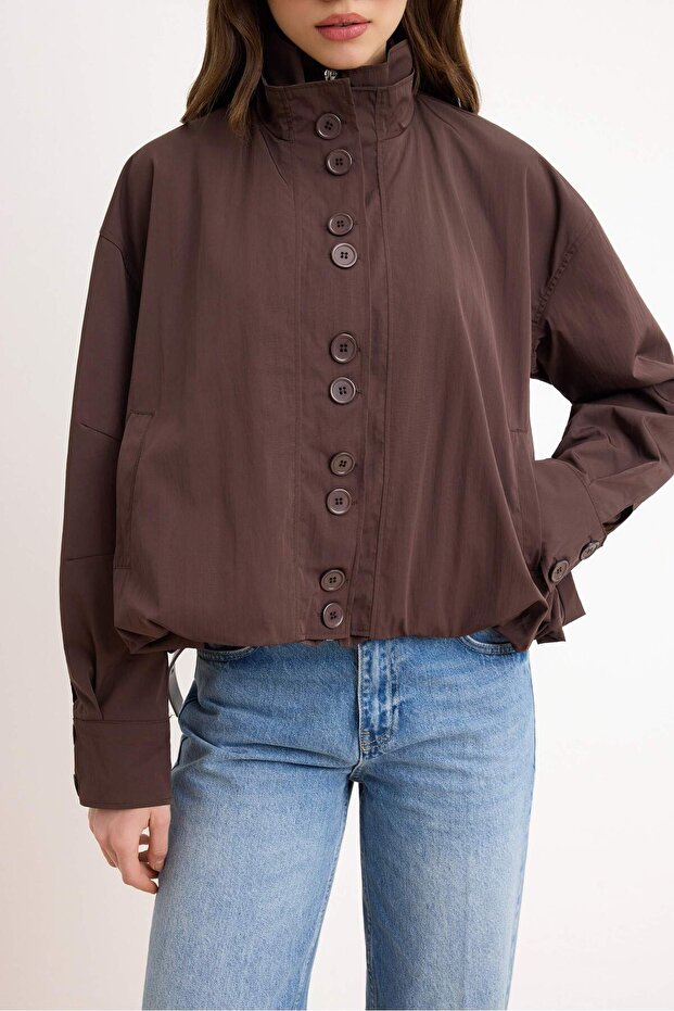 Kahverengi Dik Yaka Oversize Kalıp Mont TWOSS26MO00004 - 4