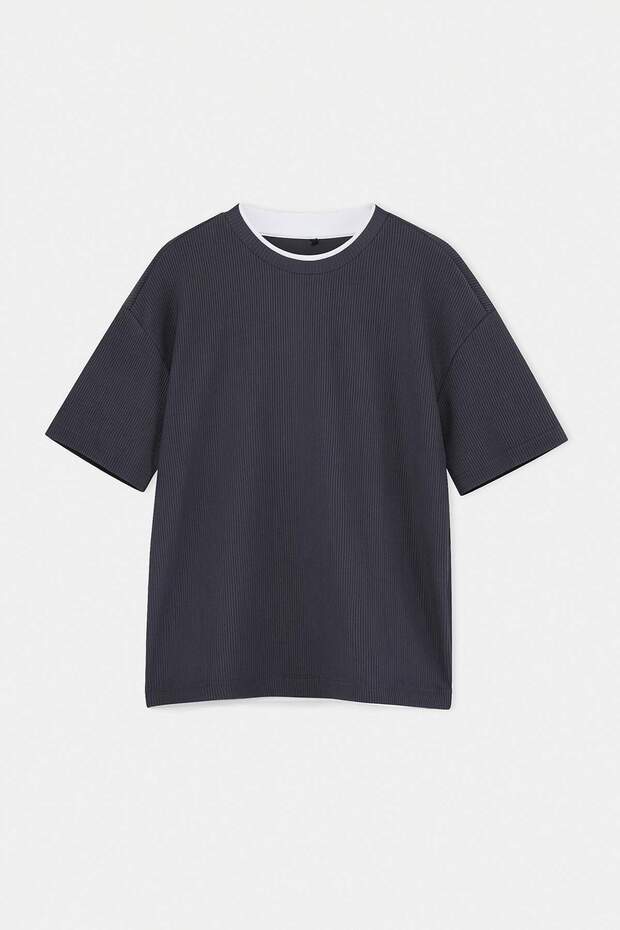 Gri Oversize/Geniş Kesim Ottoman Örme T-Shirt TMNSS26TS00038 - 4