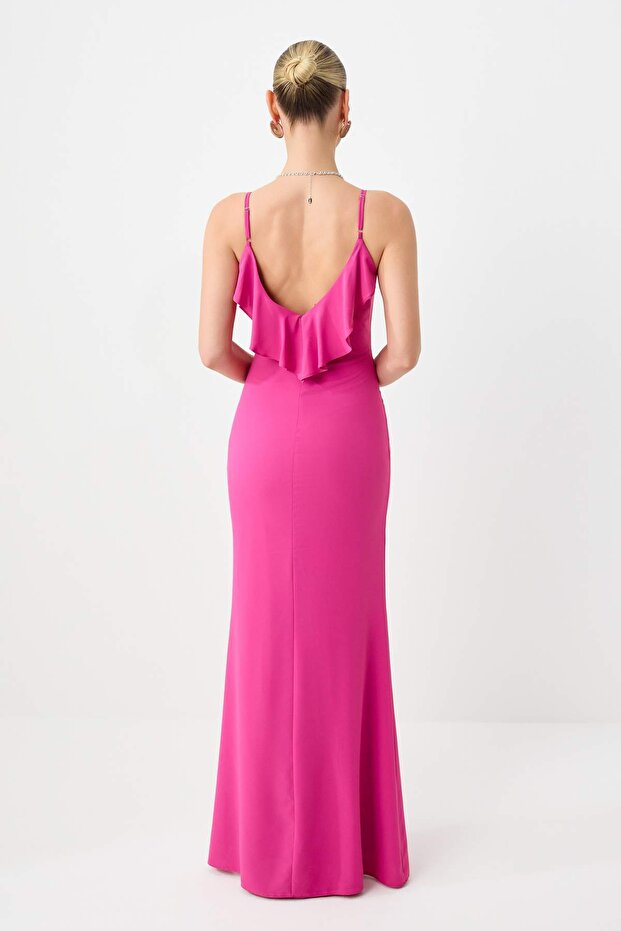 Pembe Düz Dokuma Finike Maxi Abiye & Mezuniyet Elbisesi - 4