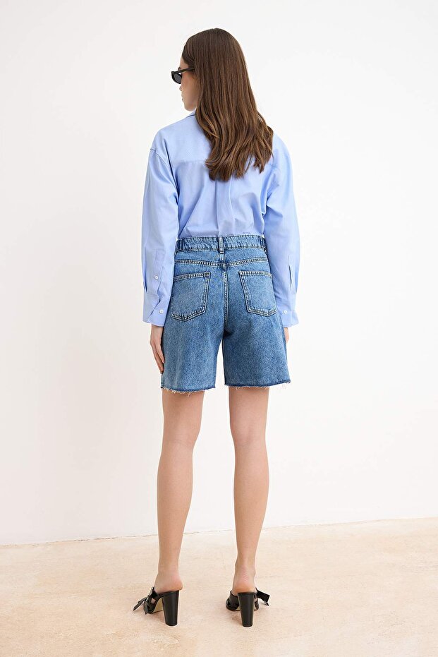 Mavi Beli Ayarlı Yüksek Bel Denim Bermuda TWOSS26SR00144 - 4