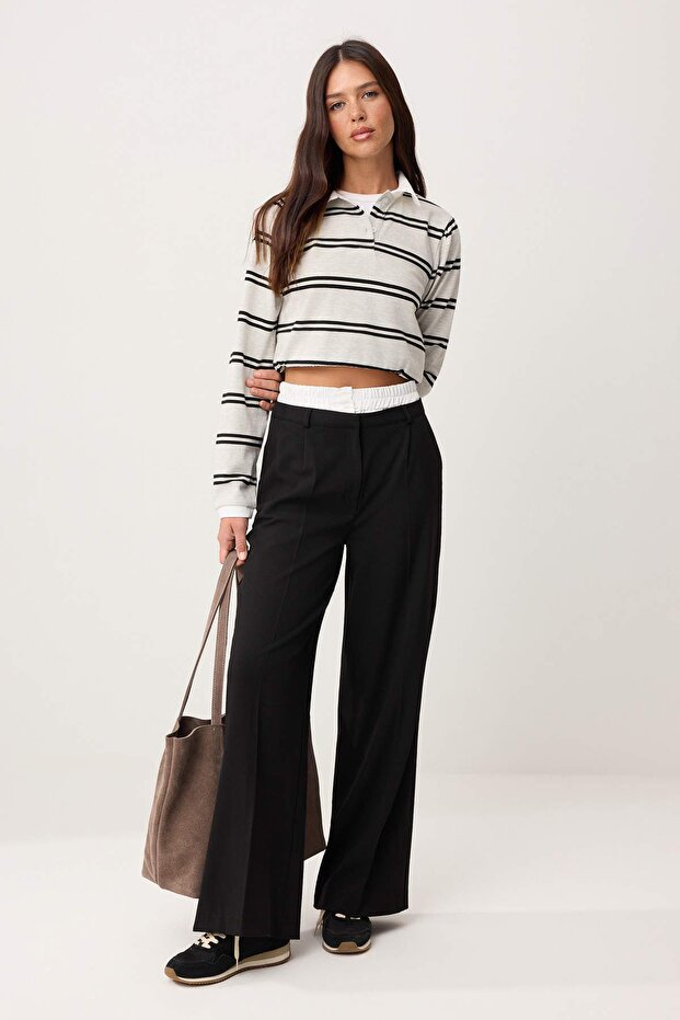 Siyah Wide Leg Bel Boxer Detaylı Dokuma Kumaş Pantolon TWOAW24PL00273 - 1