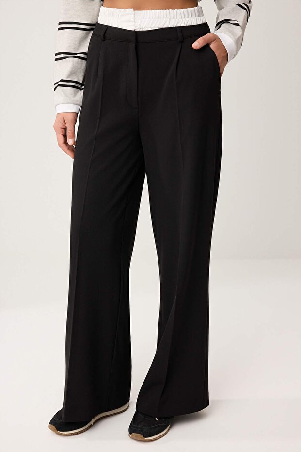 Siyah Wide Leg Bel Boxer Detaylı Dokuma Kumaş Pantolon TWOAW24PL00273 - 3