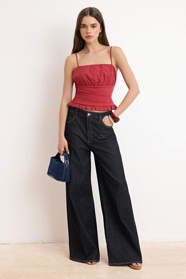 Lacivert Düz Fitted Asimetrik Yaka Düşük Kol Kısa Crop Pamuk Ribana Örme Bluz TWOSS26BZ00563 - 5