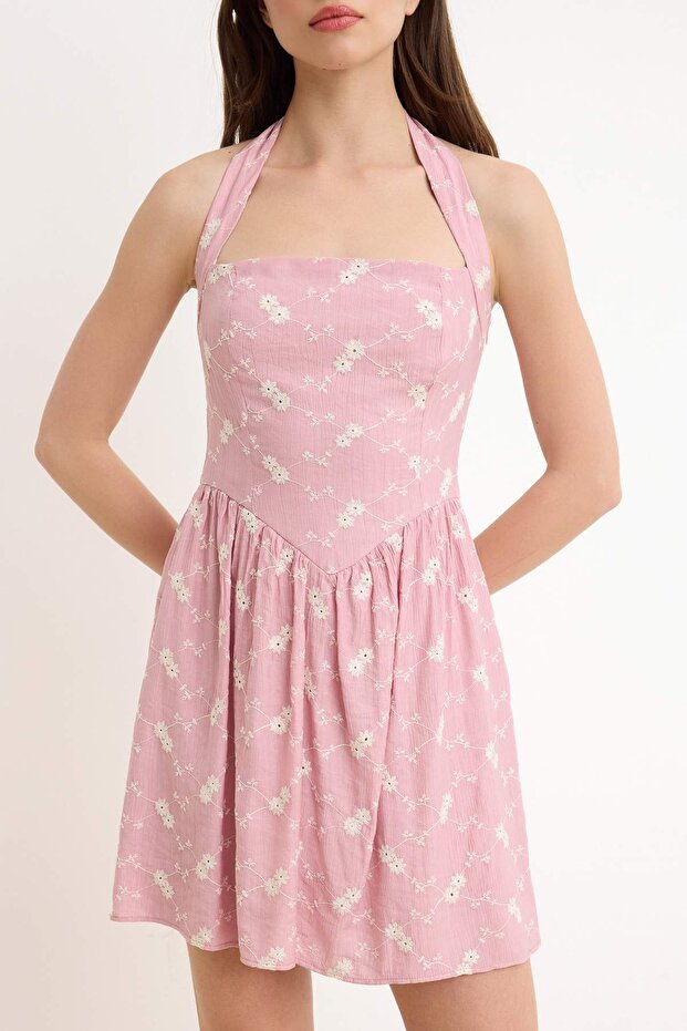 Pembe Brode Mini Dokuma Elbise TWOSS26EL00563 - 3