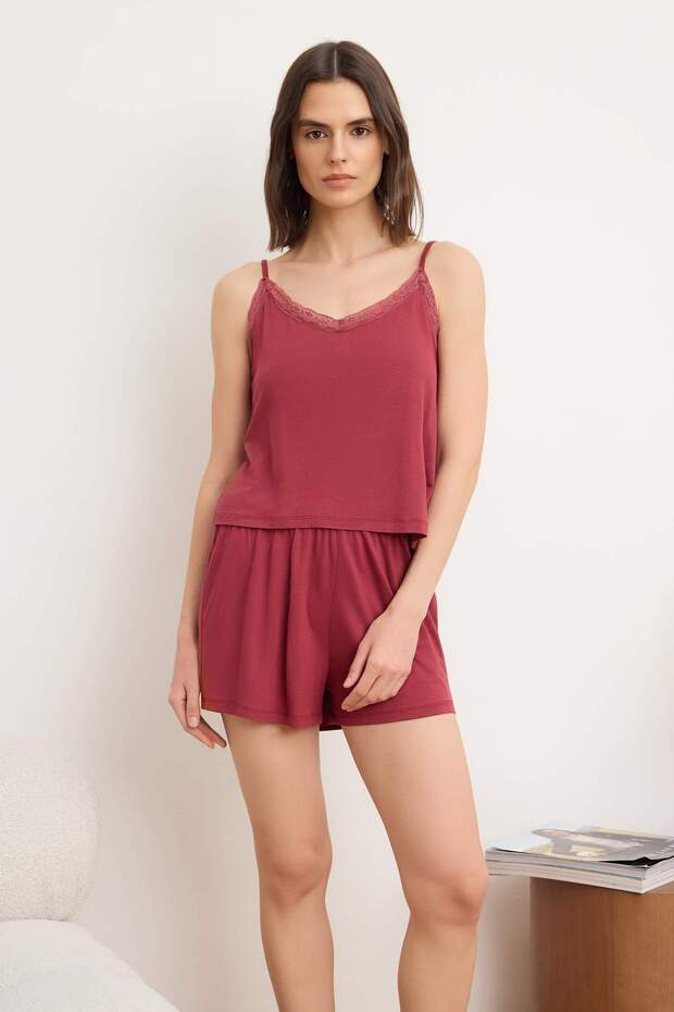 Bordo Dantelli İp Askılı Viskon Şortlu Örme Pijama Takımı THMSS24PT00007