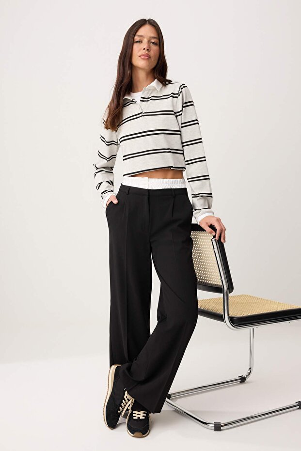 Siyah Wide Leg Bel Boxer Detaylı Dokuma Kumaş Pantolon TWOAW24PL00273 - 2