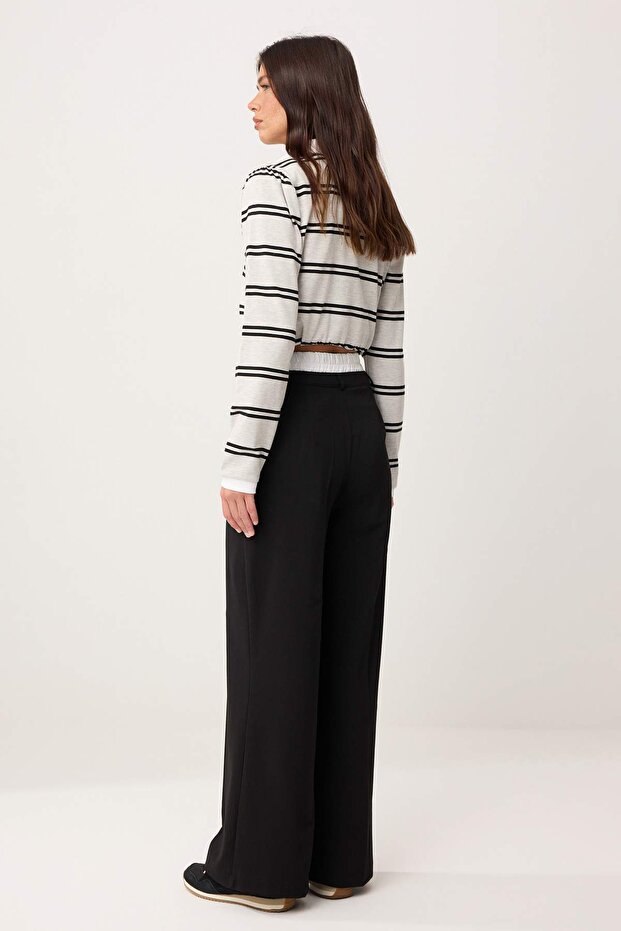 Siyah Wide Leg Bel Boxer Detaylı Dokuma Kumaş Pantolon TWOAW24PL00273 - 4