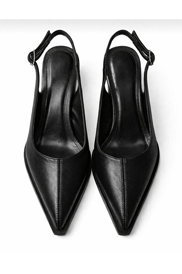 CİMİLİ SHOES Kadın Siyah 7 Santim Topuk Sivri Burun Kadın Klasik Deri Topuklu Ayakkabı Kaymaz taban
