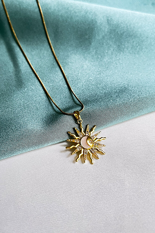 Steel Sun Necklace with Moon and Star Detail