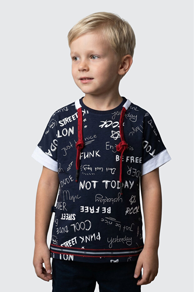 Boy's Comfort Fit Navy Blue T-Shirt with Prints and Accessories