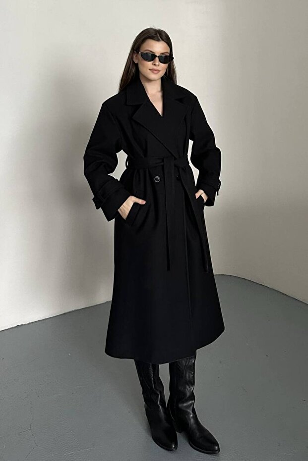 Double-Breasted Tie-Detail Waist-Tied Mid-Length Coat Black 3754