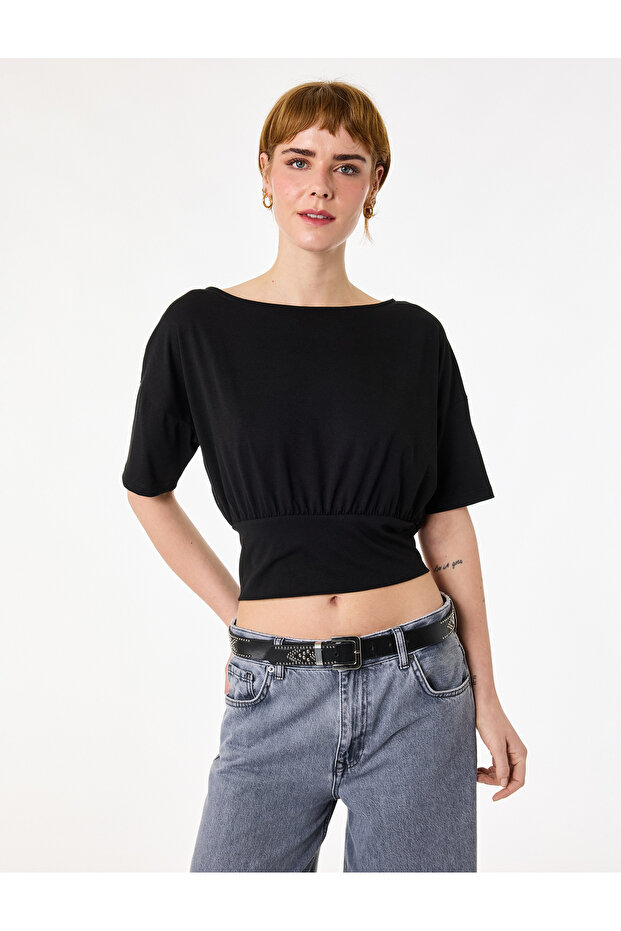 Short Sleeve Viscose Blend Boat Neck Waist Accent Crop T-Shirt