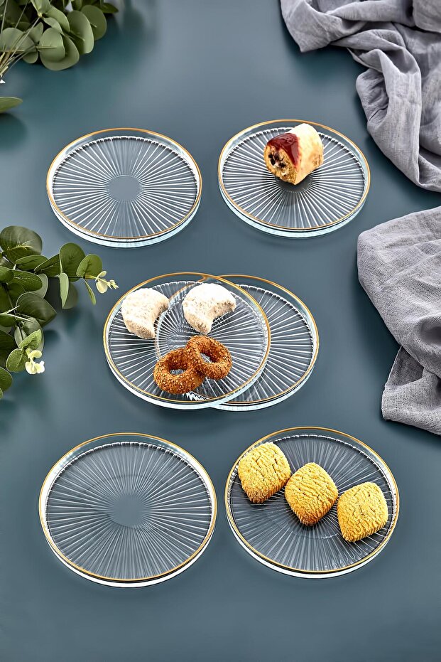 Set of 6 Glass Cake Dessert Plates - Gilded Luxury Cake Set (16CM)
