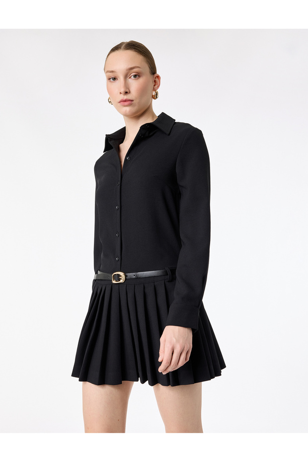Long Sleeve Buttoned Belt Detailed Pleated Mini Shirt Dress