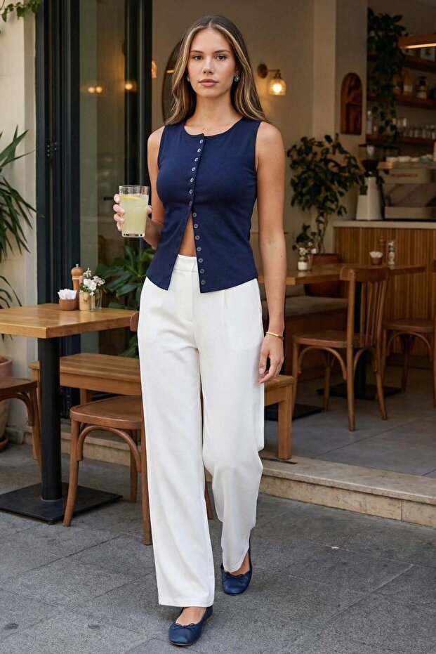 Navy Blue Crew Neck Buttoned Women's Blouse Mg2638